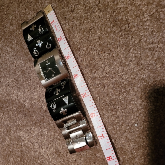 Square Face Guess Watch Black and Silver Fleur de lis Pattern - Picture 6 of 6